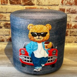 Classıcal Car Tedy Desenli Dekoratif Yuvarlak Puf