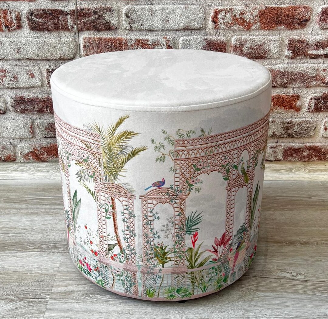 Fransız Bahçesi Desenli Dekoratif Yuvarlak Puf