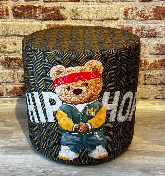 Hıphop Tedy Desenli Dekoratif Yuvarlak Puf