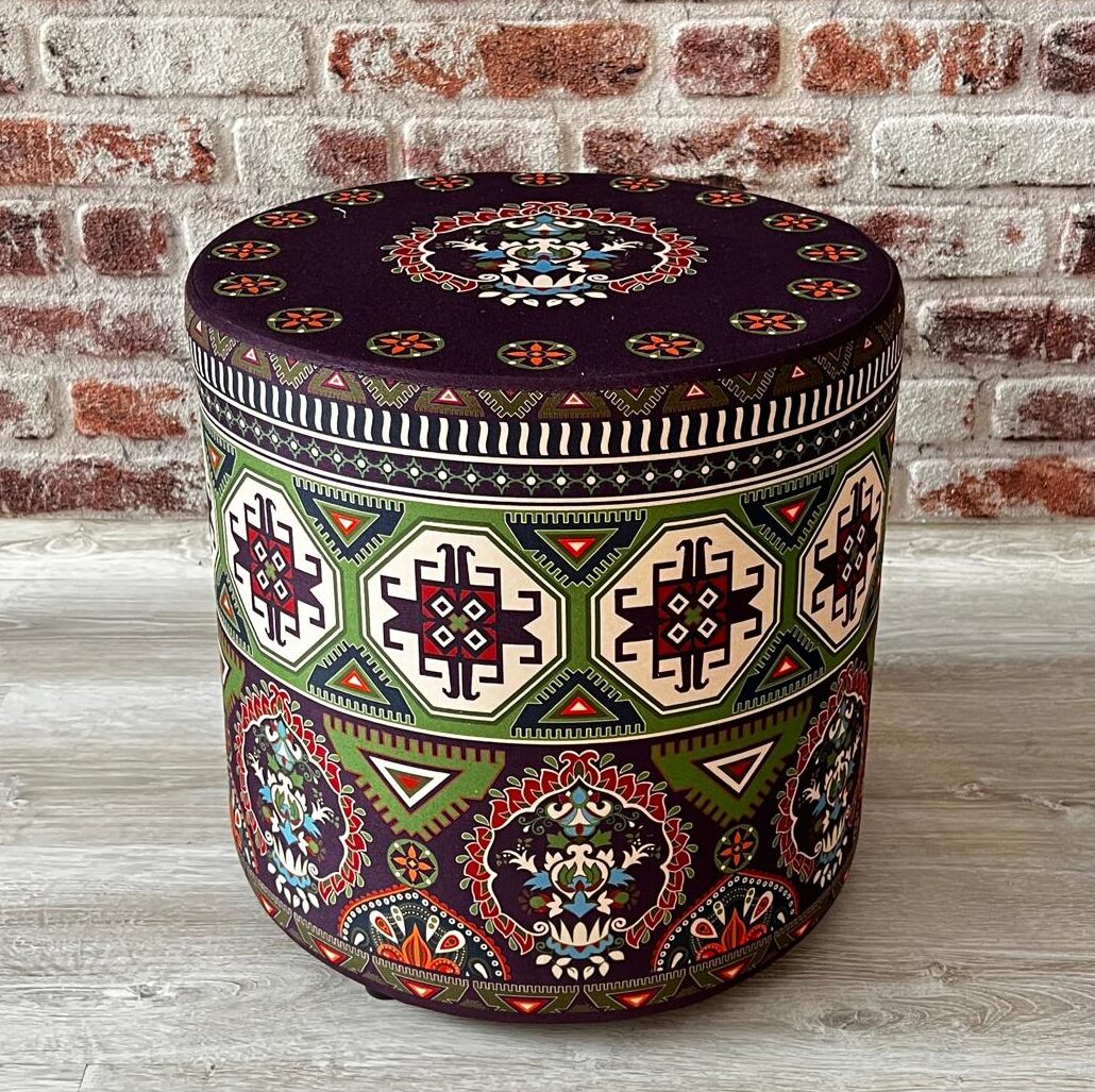 Yeşil Geometrik Desenli Dekoratif Yuvarlak Puf