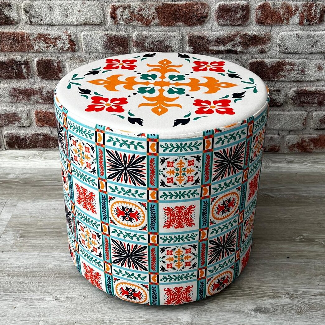 Dama Desenli Dekoratif Yuvarlak Puf