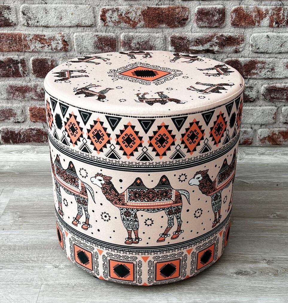 Lama Desenli Dekoratif Yuvarlak Puf