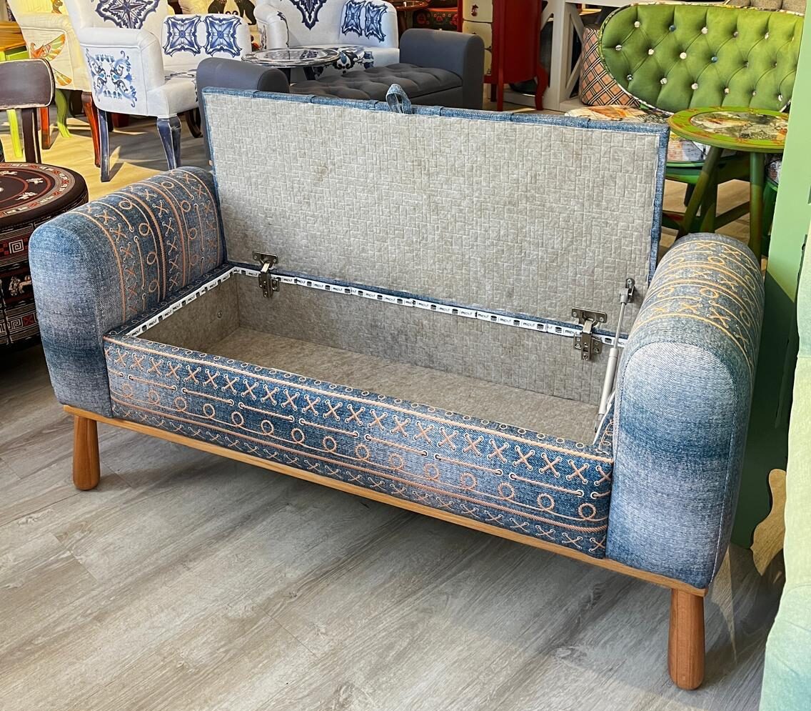 Denim Desenli Kollu Sandıklı Puf