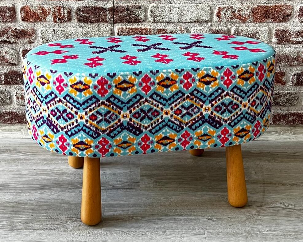 Turkuaz İkat Desenli Dekoratif Oval Puf